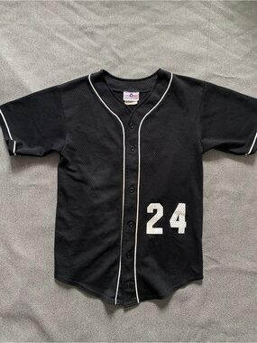 Kids Black Baseball Jersey with White Piping and Number 24